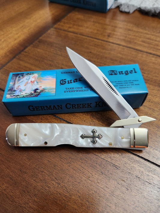 Guardian Angel Lock Back Cheetah Knife White Pearl Handles 4 3/8" EM25670520068