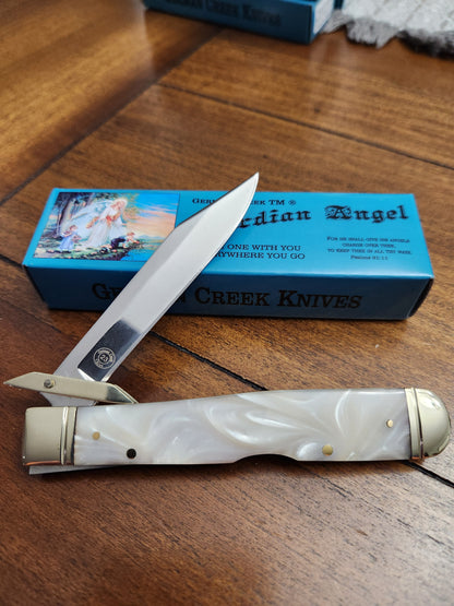 Guardian Angel Lock Back Cheetah Knife White Pearl Handles 4 3/8" EM25670520068
