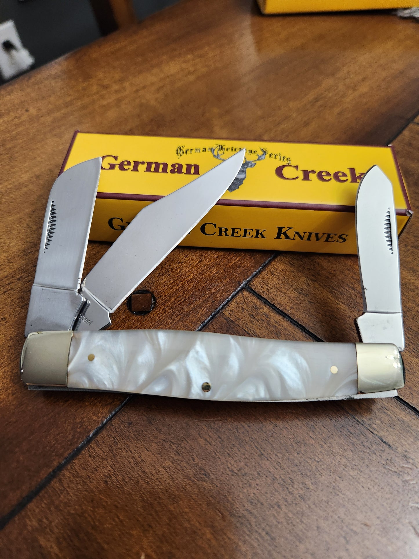 GERMAN CREEK 4 1/4" Large Stockman Pocket Knife Three Blade White Pearl Handle NEW!!!