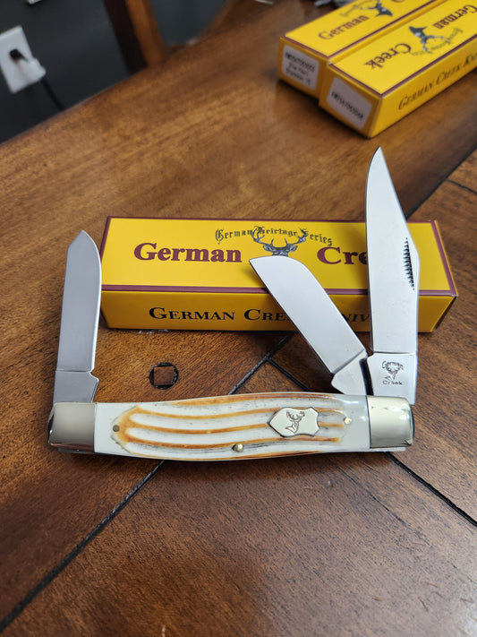 GERMAN CREEK 4 1/4" Large Stockman Pocket Knife Three Blade Burnt Jig White Bone NEW!!!