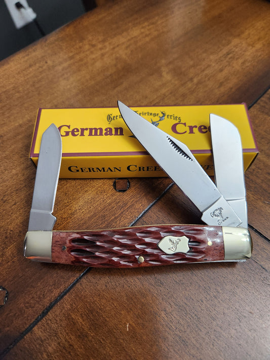 GERMAN CREEK 4 1/4" Large Stockman Pocket Knife Three Blade Brown Jigged Bone Handle NEW!!!