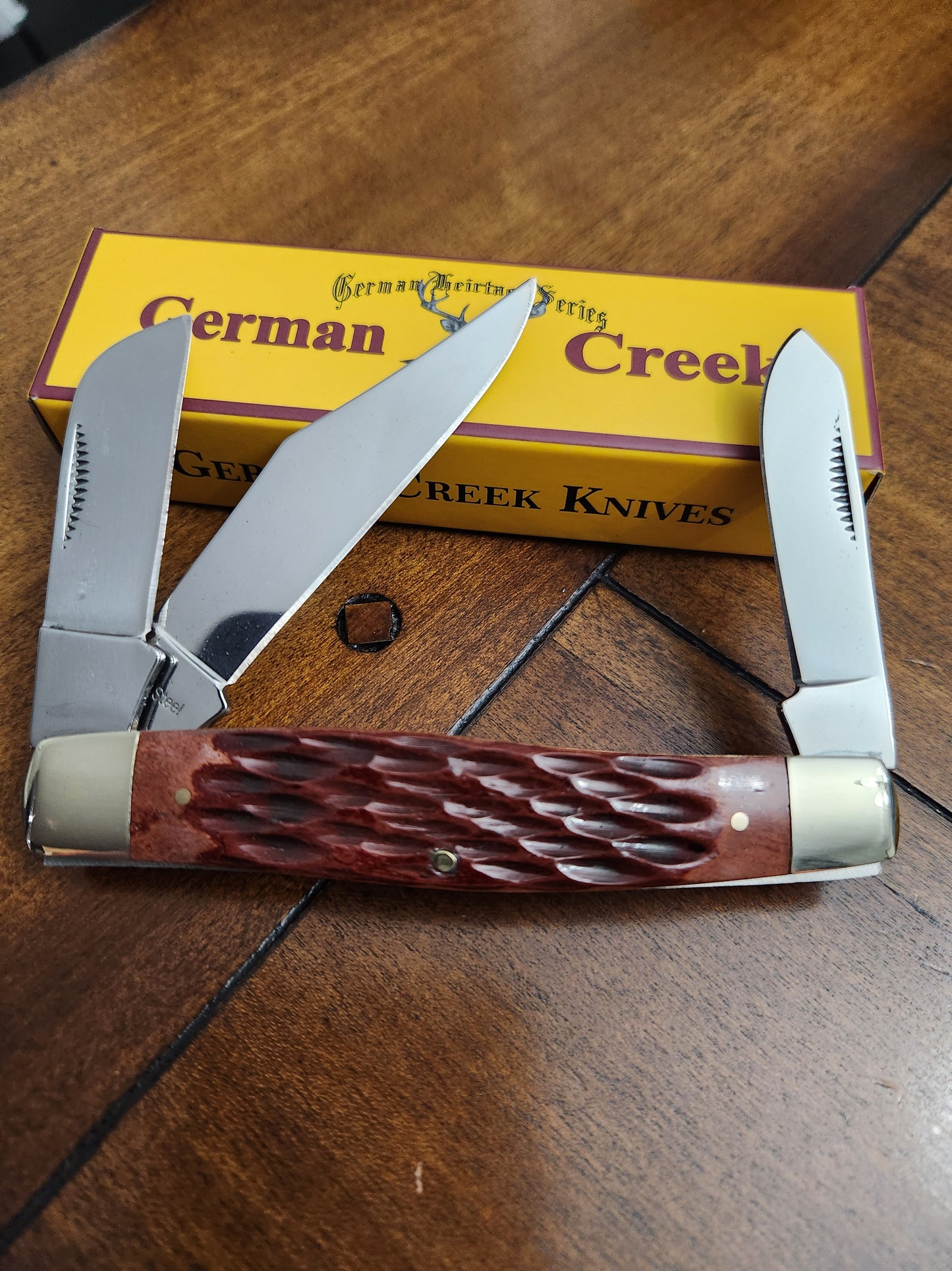 GERMAN CREEK 4 1/4" Large Stockman Pocket Knife Three Blade Brown Jigged Bone Handle NEW!!!
