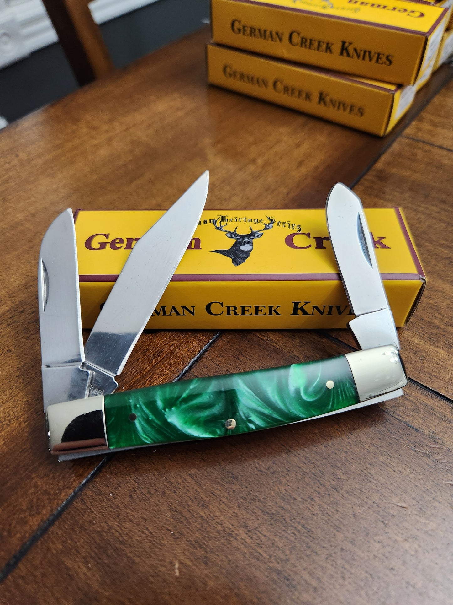 GERMAN CREEK 3 3/4" Stockman Pocket Knife Three Blade Green Swirl NEW