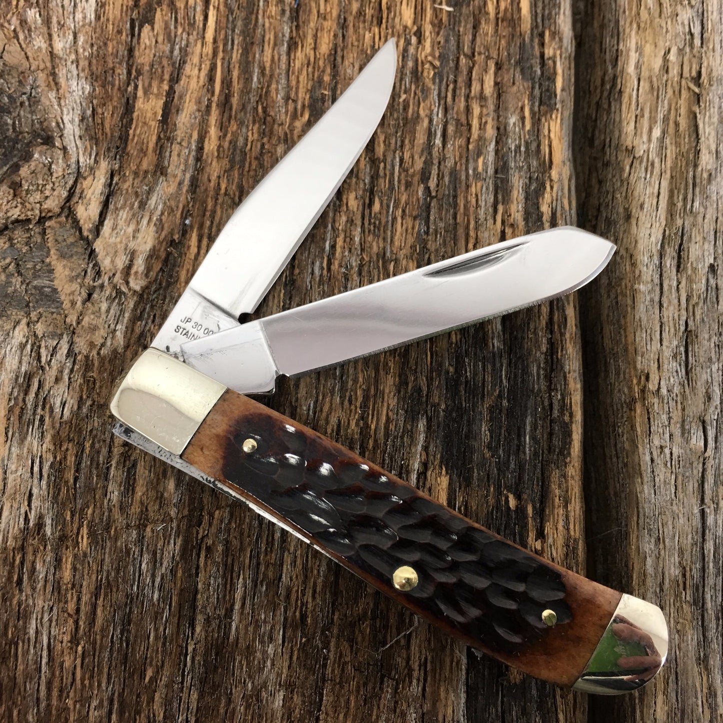 JOHN PRIMBLE 3 1/2" TRAPPER Pocket Knife Brown Jigged Bone handles New JP300078JB