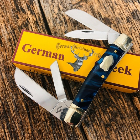 GERMAN CREEK 3 5/8" Congress Pocket Knife 4 Blades, Brand New BLUE SWIRL