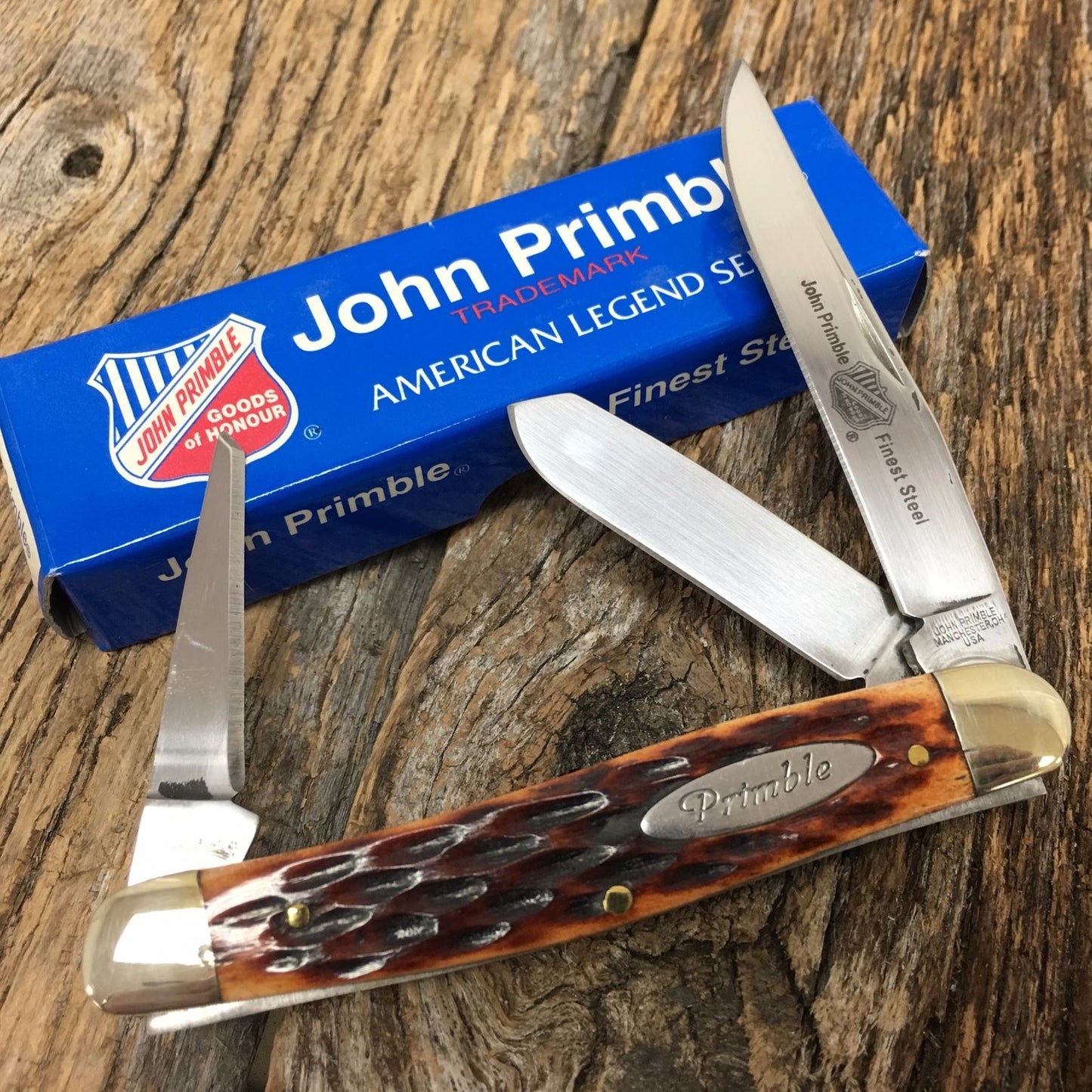 JOHN PRIMBLE 4" STOCKMAN Pocket Knife Brown Jigged Bone handles New JP300074B