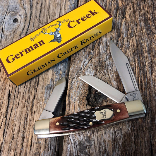 GERMAN CREEK 3 3/4" Stockman Pocket Knife Three Blade Brand Brown Jigged Bone